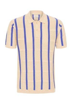 Beige kurzärmeliges Strick-Poloshirt mit vertikalen blauen Streifen und einer zweiknöpfigen Knopfleiste.