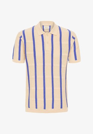 Beige kurzärmeliges Strick-Poloshirt mit vertikalen blauen Streifen und einer zweiknöpfigen Knopfleiste.