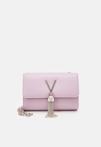 Lilac leather handbag with a flap closure, silver chain strap, and a decorative V-shaped clasp with a tassel detail.