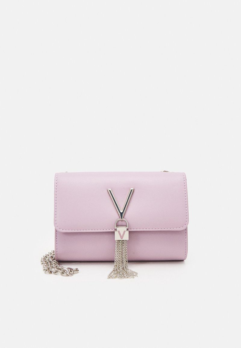 Lilac leather handbag with a flap closure, silver chain strap, and a decorative V-shaped clasp with a tassel detail.