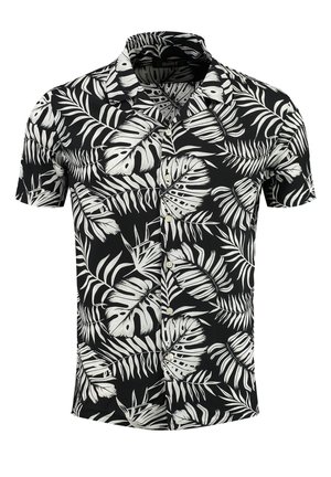 Camicetta a maniche corte in tessuto nero con motivo di foglie tropicali bianche, chiusura frontale con bottoni e collo classico.