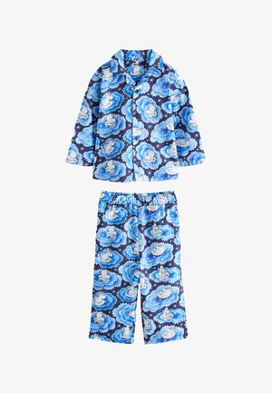 Vaikiškas dviejų dalių mėlynas pižamos komplektas su ilgomis rankovėmis ir kelnėmis, puoštas baltais animacinių filmų begemotų piešiniais ant debesų raštų.