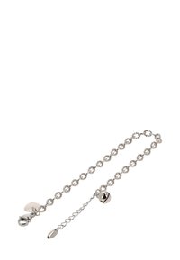 Srebrna bransoletka łańcuszkowa z powiązanymi okrągłymi ogniwami, regulowana długość, zapięcie typu lobster oraz mały okrągły charms z dzwonkiem.