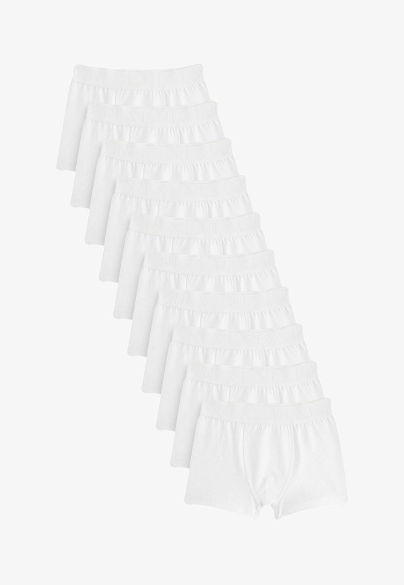 Pakke med ti hvide bomuldsboxershorts med elastisk talje med brandlogo, enkel design og blød tekstur.