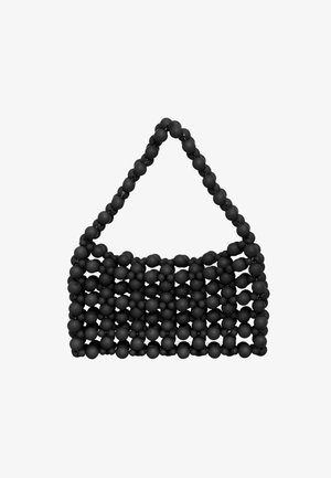 Borsa a tracolla nera decorata con perline, dal design strutturato. Realizzata in perline di plastica disposte in un motivo a griglia, presenta un manico triangolare.