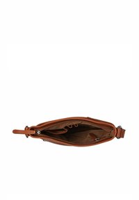 Borsa a tracolla in pelle marrone con chiusura a zip, dotata di un ampio interno e tasche per l'organizzazione. Texture liscia e dettagli in metallo robusto.
