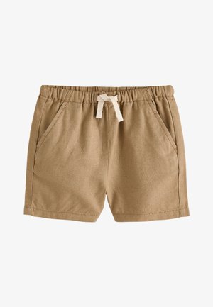 Beežid vabaaja lühikesed püksid kummipaela ja valge nööriga, küljetaskute ning lihtsate õmbluse detailidega.