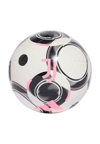 Weißer Fußball mit schwarzen und pinken kreisförmigen Mustern, mit einem auffälligen pinken Logo. Hergestellt aus synthetischem Material, mit glatter Textur.