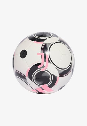 White soccer ball with black and pink circular patterns, featuring a prominent pink logo. Made of synthetic material, smooth texture.