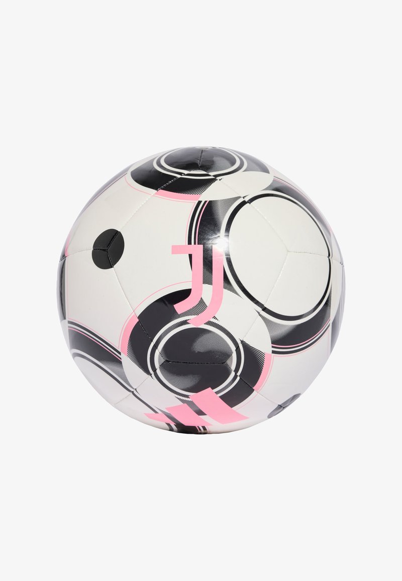 Hvit fotball med svarte og rosa sirkulære mønstre, med en fremtredende rosa logo. Laget av syntetisk materiale, glatt tekstur.