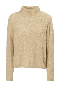 Beige strikket sweater med høj krave, der har et struktureret kabelmønster, afslappet pasform og ribbede manchetter for ekstra detalje.