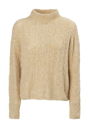 Beiger gestrickter Pullover mit hohem Kragen, ausgestattet mit einem strukturierten Kabelmuster, lockerer Passform und gerippten Bündchen für zusätzlichen Detailreichtum.