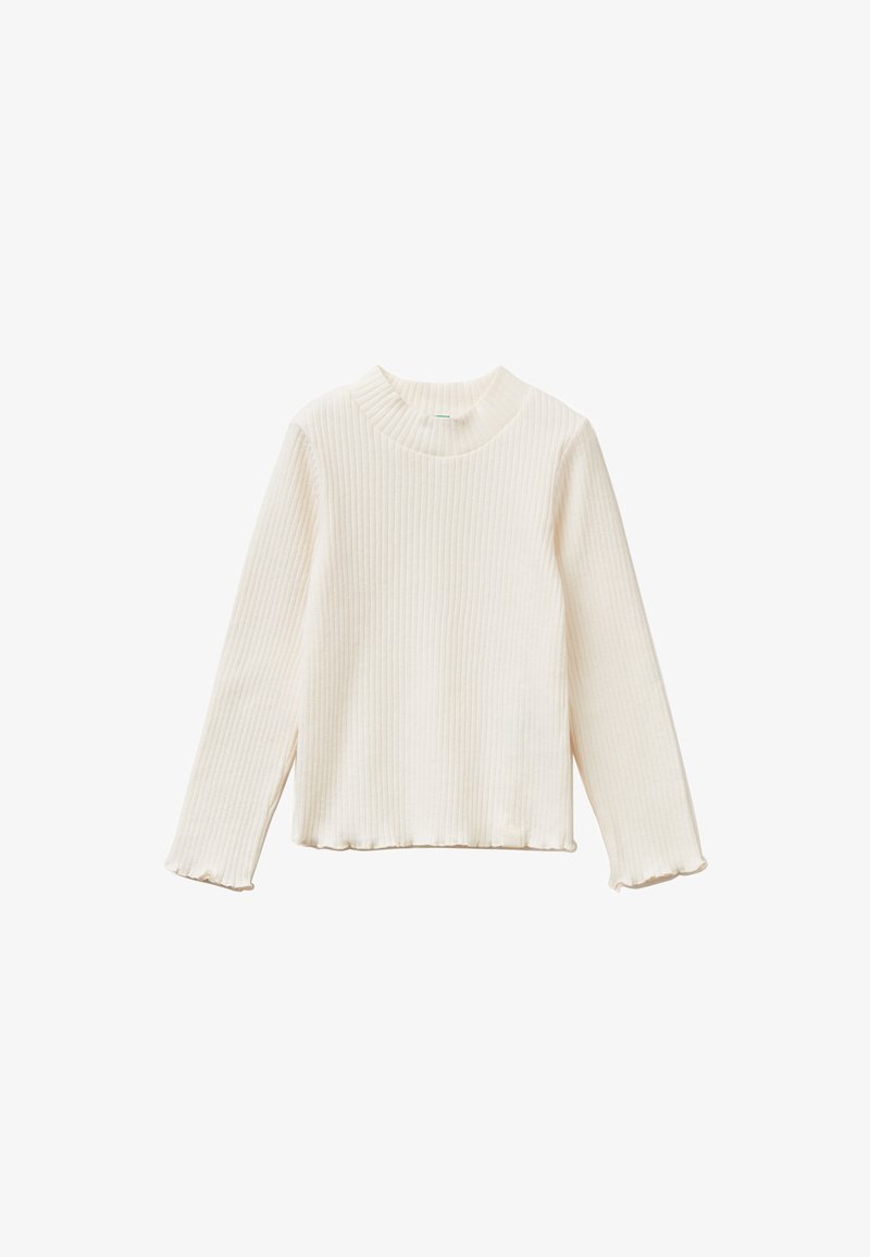Żebrowany, długi rękaw, kremowy top z okrągłym dekoltem i falbaniastym dołem. Wykonany z miękkiego, teksturowanego materiału, idealny do nakładania warstw.