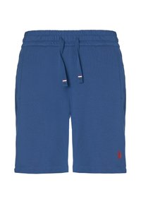Pantaloni corti in cotone blu con cintura regolabile, dotati di tasche laterali e un piccolo logo rosso sul davanti in basso. Tessuto morbido.
