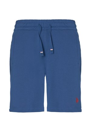 Pantaloni corti in cotone blu con cintura regolabile, dotati di tasche laterali e un piccolo logo rosso sul davanti in basso. Tessuto morbido.