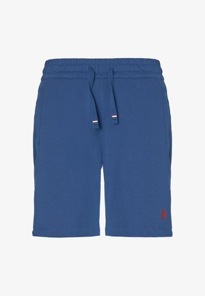 Pantaloni corti in cotone blu con cintura regolabile, dotati di tasche laterali e un piccolo logo rosso sul davanti in basso. Tessuto morbido.
