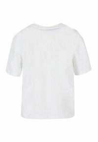 Weißes Baumwoll-T-Shirt, kurze Ärmel, runder Halsausschnitt, schlichtes Design, lässige Passform, einfarbig, Rückansicht ohne zusätzliche Details oder Muster.