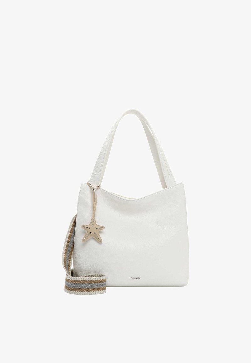 White leather handbag with dual straps, a detachable striped fabric shoulder strap, and a star-shaped decorative charm.