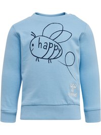 Ljusblå sweatshirt med en svart bi-grafik och ordet "happy". Inkluderar ribbade ärmslut och halsringning samt detaljer med tryckknappar vid axlarna.