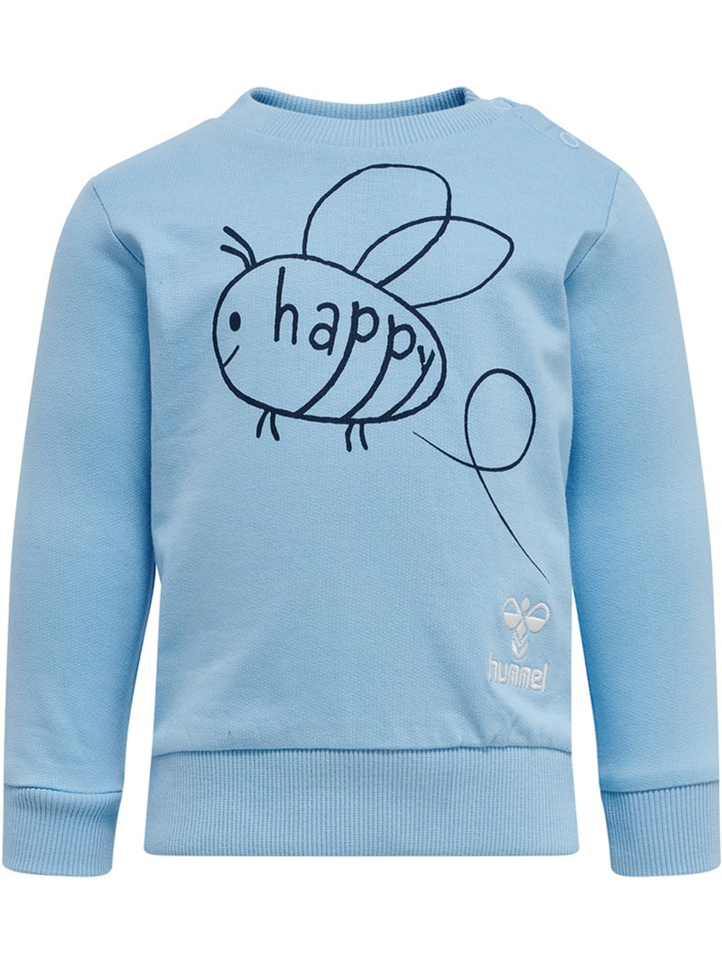 Ljusblå sweatshirt med en svart bi-grafik och ordet "happy". Inkluderar ribbade ärmslut och halsringning samt detaljer med tryckknappar vid axlarna.