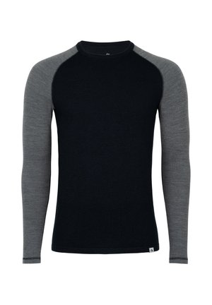 Camiseta de manga larga con cuello redondo, con paneles frontales y traseros negros y mangas raglán grises, exhibida sobre un fondo blanco.