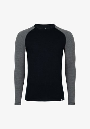 Camiseta de manga larga con cuello redondo, con paneles frontales y traseros negros y mangas raglán grises, exhibida sobre un fondo blanco.