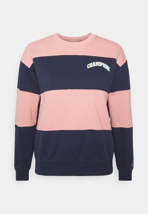 Sudadera con amplias rayas horizontales en rosa y azul marino, mangas largas, cuello redondo y logo de "CHAMPION" en la parte superior del pecho con un pequeño logo en la manga.