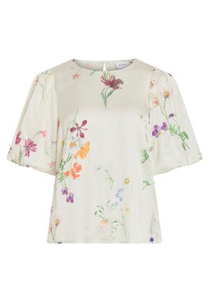 Krembluse med pufferm som har et delikat flerfarget blomstertrykk i nyanser av rosa, lilla, oransje og grønn.