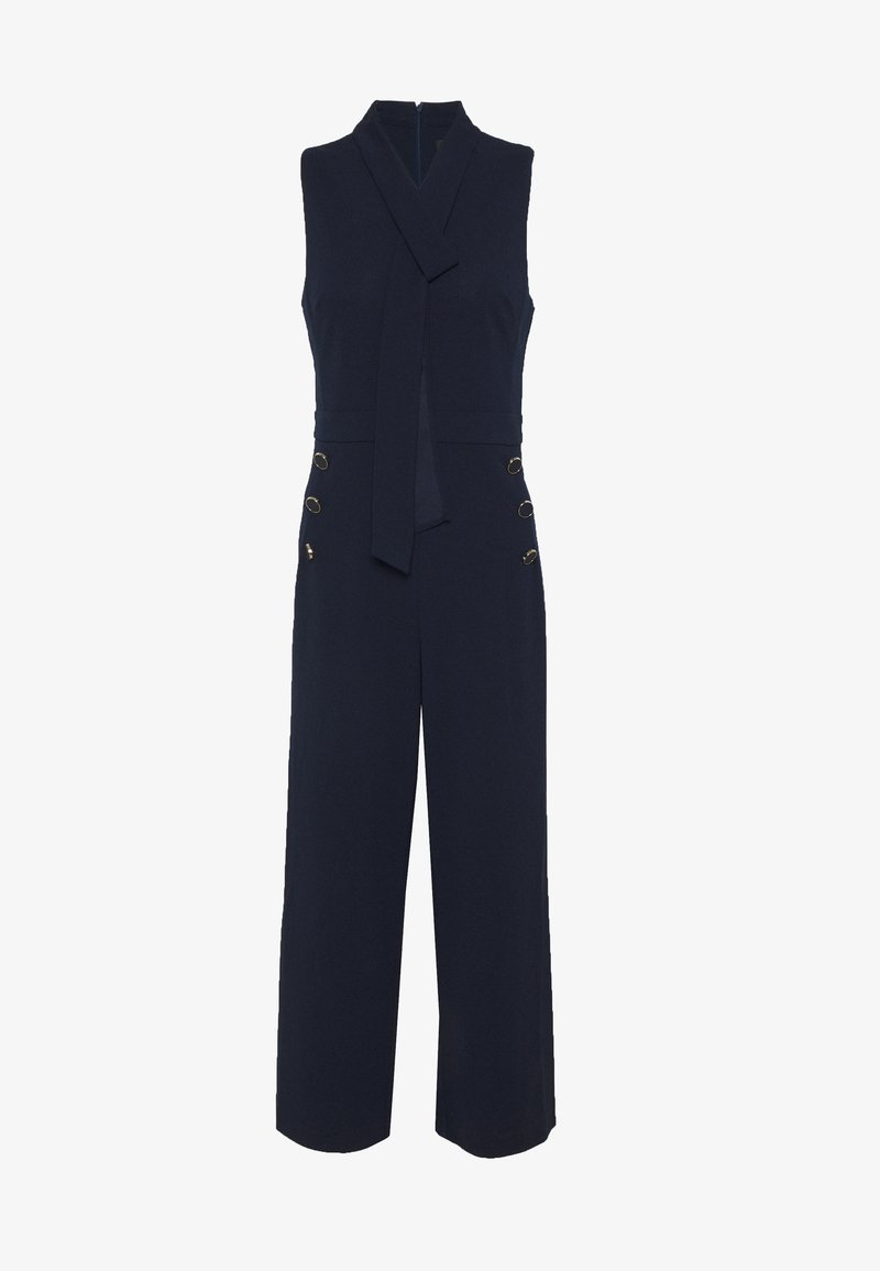 Combinaison sans manches bleu marine avec jambes larges, détail cravate au col et boutons dorés sur les côtés de la taille.