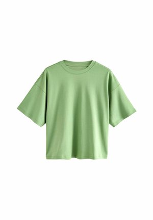 Heledad rohelise lühikese varrukaga T-särk, mis on valmistatud pehmest puuvillast. Kastja disainiga, ümara kaelusega ja langevate õlavarreõmblustega. Sile tekstuur.