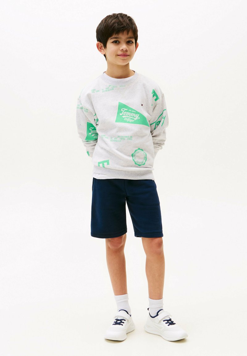 Grijze sweatshirt met groene grafische ontwerp en logo, gecombineerd met marineblauwe shorts en witte sneakers. Eenvoudige textuur en casual pasvorm.