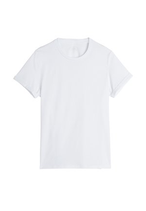Weißes T-Shirt mit kurzen Ärmeln und Rundhalsausschnitt, aus weichem Baumwollstoff. Gerollte Ärmel und lockere Passform. Keine sichtbaren Muster oder Grafiken.