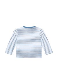 Langsleeve shirt met blauw en witte horizontale strepen, ronde hals en zachte katoenen stof. Glad oppervlak en casual ontwerp.