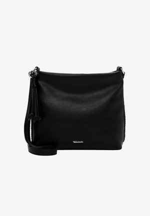 Czarna skórzana torba na ramię o gładkiej fakturze, regulowany pasek i ozdobny frędzel. Z przodu znajduje się srebrne logo.