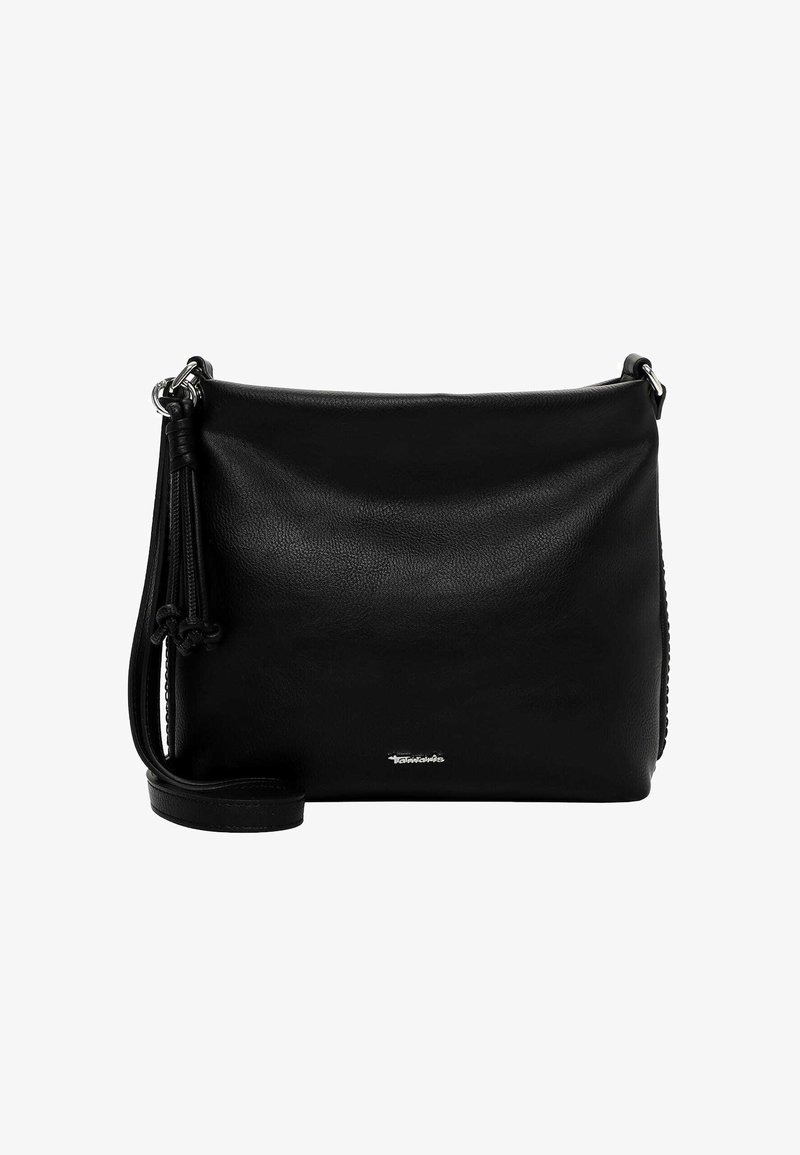 Borsa a tracolla in pelle nera con una texture liscia, tracolla regolabile e un nappa decorativa. Presenta un logo argentato sulla parte anteriore.