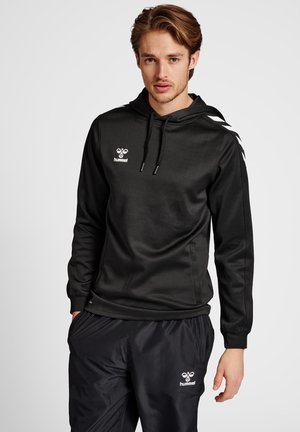 Black hoodie made of smooth fabric, featuring a front kangaroo pocket, drawstring hood, and white logo on the chest and sleeves.