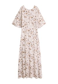 Blomster maxi-kjole med korte dongermer, kremfarget grunn og brun botanisk trykk. Mykt stoff, løs passform og gulvlengde design.