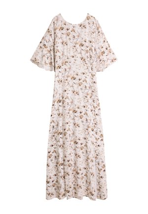 Blomster maxi-kjole med korte dongermer, kremfarget grunn og brun botanisk trykk. Mykt stoff, løs passform og gulvlengde design.