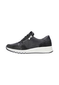 Black sneaker featuring a mix of textured leather and suede, with a side zipper, white rubber sole, and a low-profile athletic design.