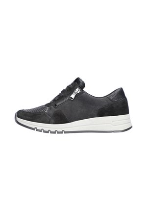 Black sneaker featuring a mix of textured leather and suede, with a side zipper, white rubber sole, and a low-profile athletic design.