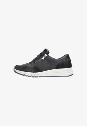 Black sneaker featuring a mix of textured leather and suede, with a side zipper, white rubber sole, and a low-profile athletic design.