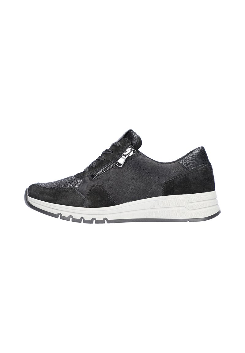 Black sneaker featuring a mix of textured leather and suede, with a side zipper, white rubber sole, and a low-profile athletic design.
