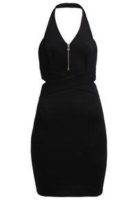 Černé těsně přiléhající šaty s krkem na zavazování, zipem vpředu a křížovou detaily v pase. Vyrobené z elastické tkaniny pro přiléhavý siluetu.