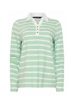 Langärmeliges Poloshirt mit weißem Kragen, drei Knöpfen und horizontalen weißen und hellgrünen Streifen.