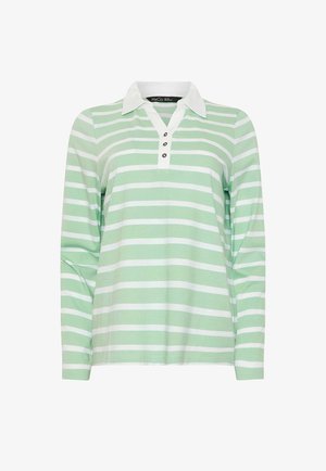 Polo à manches longues avec col blanc, trois boutons et rayures horizontales blanches et vert clair.