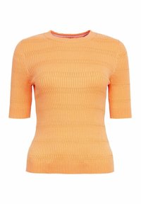 Kratký rukáv, přiléhavý pletený top v jasně oranžové barvě s žebrovanou texturou a horizontálními pruhy. Kulatý výstřih s jemným zakončením na manžetách.