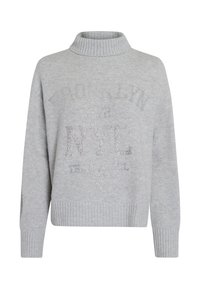 Gray knit sweater with a high collar, featuring a textured print of "BROOKLYN 1972 NYC" and decorative accents. Ribbed cuffs and hem.