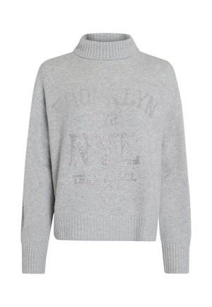 Grauer Strickpullover mit hohem Kragen, der einen strukturierten Druck von "BROOKLYN 1972 NYC" und dekorativen Akzenten aufweist. Gerippte Bündchen und Saum.