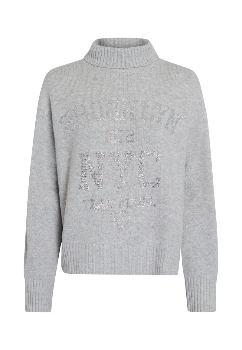 Gray knit sweater with a high collar, featuring a textured print of "BROOKLYN 1972 NYC" and decorative accents. Ribbed cuffs and hem.