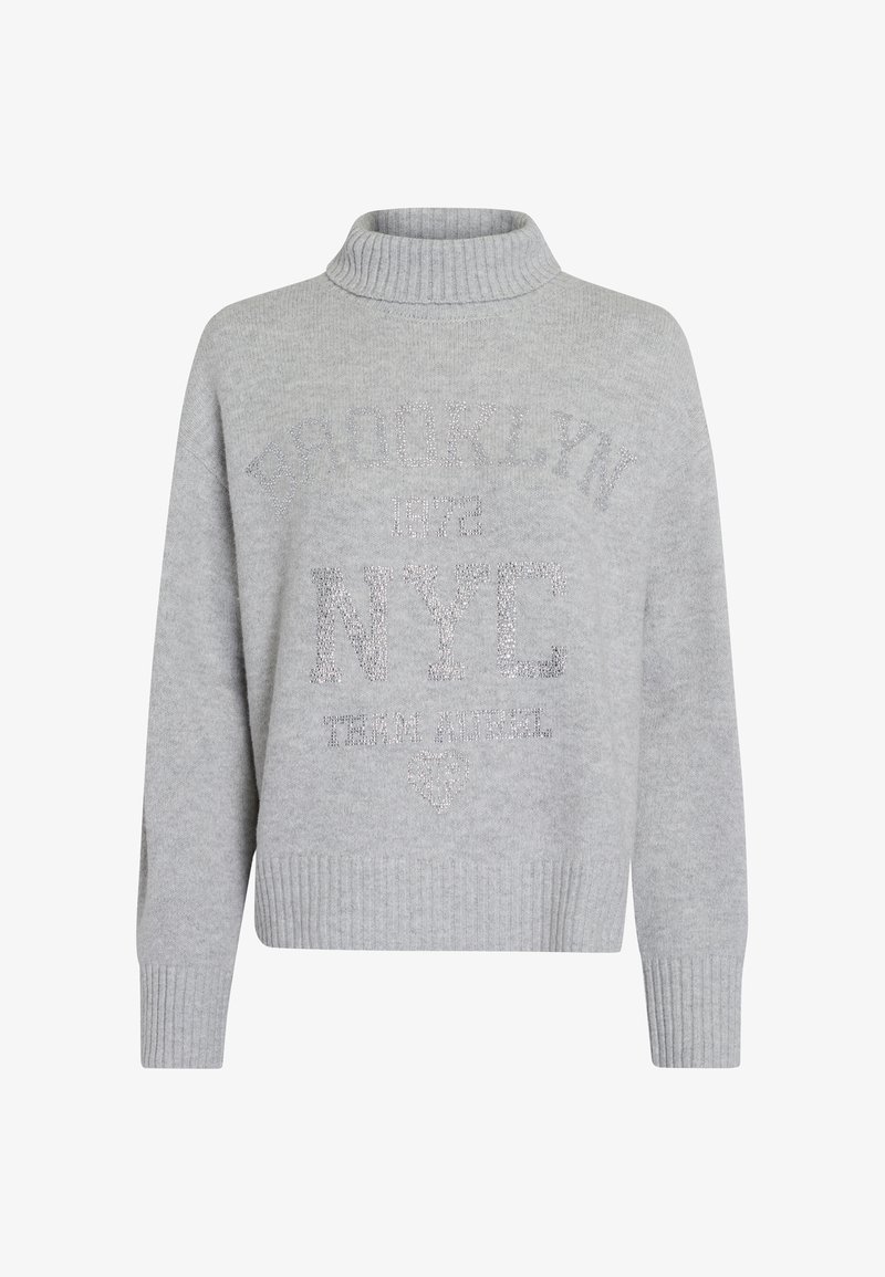 Gray knit sweater with a high collar, featuring a textured print of "BROOKLYN 1972 NYC" and decorative accents. Ribbed cuffs and hem.